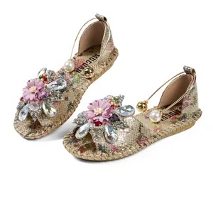 Elegant bohemian floral printed flat sandals featuring crystal and pearl embellishments