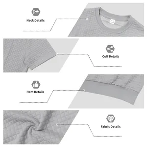 Gedetailleerde weergaven van grijs t-shirt met ronde hals en kleine ruitjesstructuur