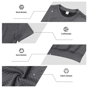 Gedetailleerde close-up van nek, manchet, zoom en getextureerde stof van heren T-shirt