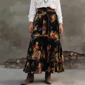 Detail of vintage high waist cake skirt featuring rich floral patterns and tiered velvet layers