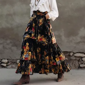 Detail showing the floral pattern on a vintage high-waist velvet tiered maxi skirt