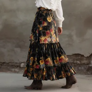 Vintage high-waisted tiered floral skirt in dark velvet with elegant ruffle detail