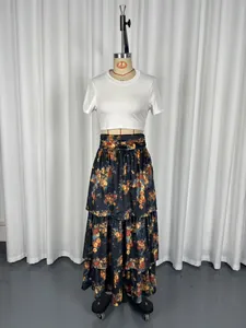 Detail view of elegant vintage floral tiered long skirt with high waist design