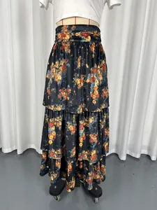 Vintage floral print high-waisted tiered maxi skirt with elegant A-line silhouette