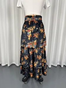 Elegant vintage high-waisted tiered floral maxi skirt for women in black velvet