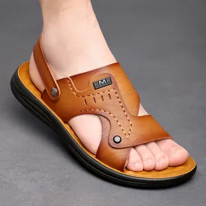 Premium atmungsaktive braune Leder-Sandalen für Herren vielseitige Outdoor-Hausschuhe