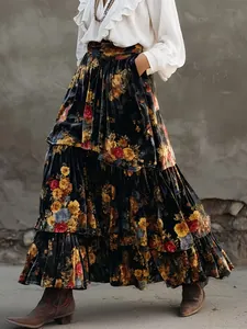 Women Bohemian Vintage High Waist Tiered Cake Skirt Floral Print Elegant Large Swing A-Line Long Maxi Skirt Streetwear