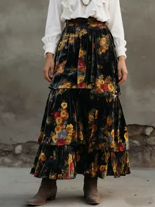 Elegant high waist tiered floral maxi skirt in bohemian vintage style for women