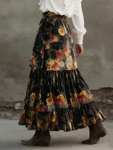 Vintage floral tiered velvet maxi skirt with high waist and elegant flowy hemline