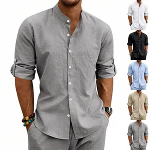 Men's casual linen shirt with stand collar and button-down front in multiple colors