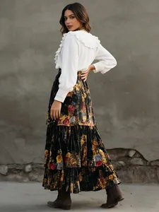 Elegant vintage high-waisted floral tiered maxi skirt with large swing for women