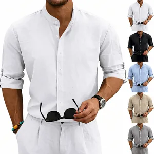 Close-up of linen fabric shirt showing stand collar design and five color choices.