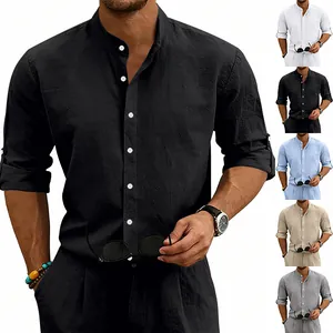 Men's casual linen stand collar shirt shown in black, white, blue, khaki and grey