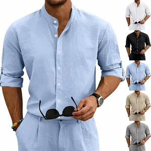 Heren Zomer Linnenmix Overhemd Casual Opstaande Kraag Oprolmouwen Lange Mouw Effen Kleur Licht Ademend Strand Mode Top
