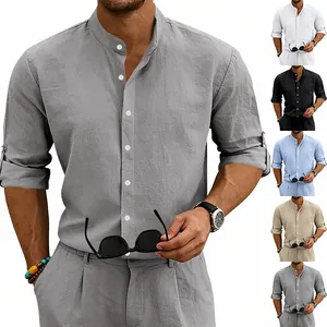 Casual men's linen-blend shirt featuring a stand collar and button-up front in five colors