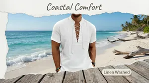 Herren Retro Leinen gewaschen Schnür-T-Shirt, kurzärmelig für sommerlichen Strandkomfort