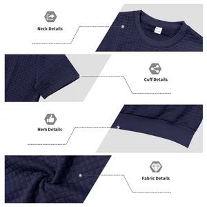 Dettagli ravvicinati del tessuto testurizzato e delle cuciture di una t-shirt blu navy