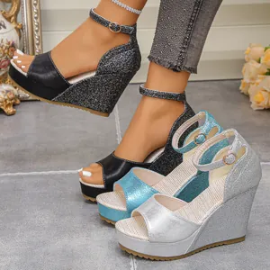 Women Wedge Platform Sandals Roman Gladiator Ankle Strap Peep Toe High Heel Sandals Glitter PU Summer Party Shoes