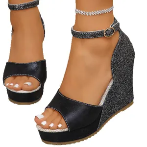 Stylish women's glitter wedge sandals with platform sole and adjustable ankle strap