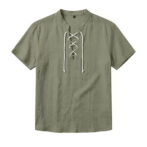 Lässiges Vintage-Herren-T-Shirt aus sandgewaschenem Leinen mit Schnürung in Olivgrün