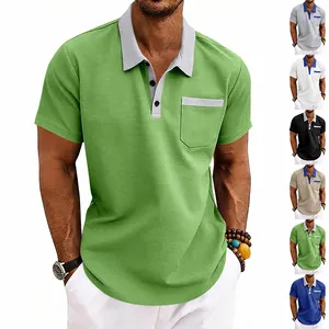 Men's waffle knit polo shirt with contrast collar and pocket detail in green.