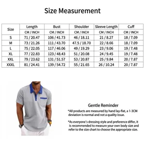 Size chart and detail of a men's grey waffle knit polo shirt with blue contrast trim
