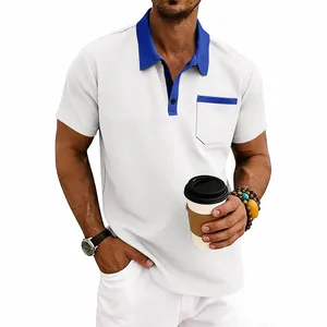 Macro view of white waffle knit texture on men's polo shirt with blue trim detail