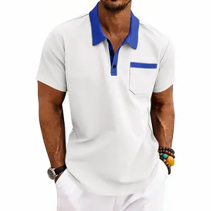 Detail of men's waffle knit Polo shirt featuring contrast collar and chest pocket
