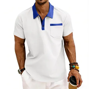 Close-up of men's white waffle knit polo shirt with contrast blue collar and pocket