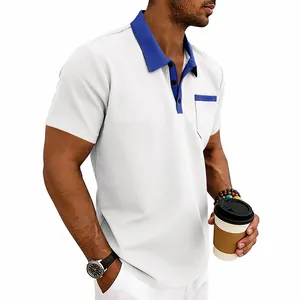 Men's summer waffle knit Polo shirt featuring blue contrast collar and chest pocket