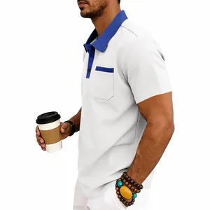 Close-up of men's waffle knit polo shirt with contrast blue collar and pocket