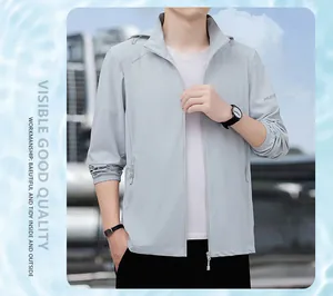Detailed view of men's gray ice silk sun protection jacket with hood and zipper