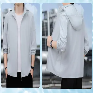 Macro detail of men's light grey ice silk UV protection cooling jacket with hood.