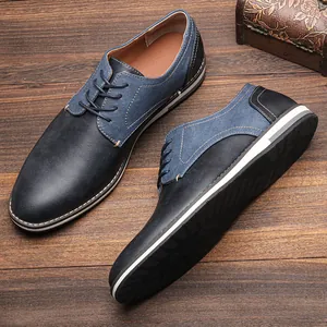 Men Business Casual Leather Shoes Fashion Patchwork Color Block Lace-up Breathable Round Toe Low Top Casual Single Shoes