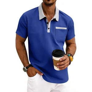 Detailed view of men's blue waffle knit polo shirt with contrast gray collar