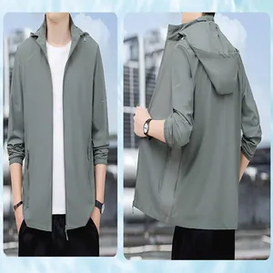 Lightweight breathable men's ice silk sun protection jacket with hood for summer fishing.