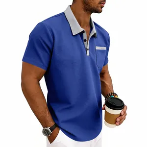 Close-up detail of blue waffle knit polo shirt for men with grey contrast collar