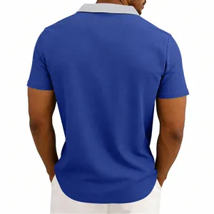 Back view of casual men's blue waffle knit polo shirt with grey contrast collar