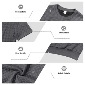 Viste dettagliate della t-shirt grigia a trama a griglia, colletto, polsino e qualità