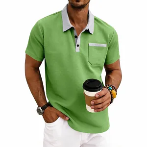Casual green men's waffle knit polo shirt featuring contrast gray collar and pocket detail