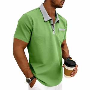 Detailed view of green waffle texture polo shirt for men with contrast grey collar trim