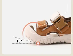 Detail of baby sandal showing the 15-degree anti-collision toe curve for stable walking