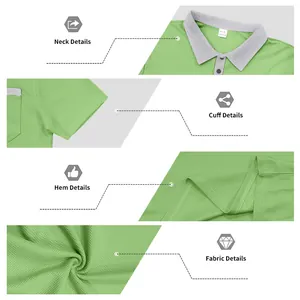 Detailed views of a green waffle polo shirt showing collar, cuff, hem and fabric texture