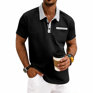 Close-up of men's waffle knit polo shirt with contrast collar and pocket detail
