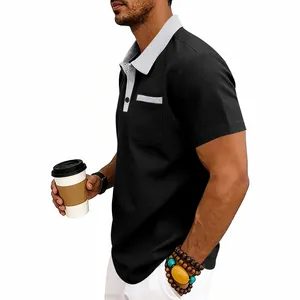 Men's waffle knit polo shirt featuring a stylish colorblock collar and chest pocket detail