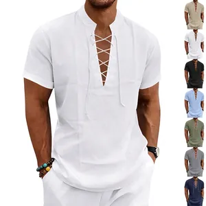 Herren Sommer Retro Freizeit Leinenmischung T-Shirt Schnürung V-Ausschnitt Stehkragen Kurzarm Sandgewaschen Atmungsaktiv Top