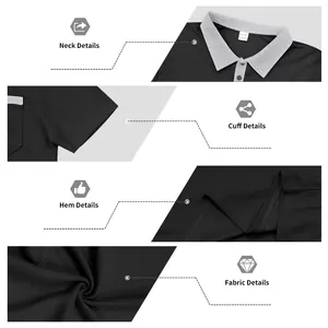 Detail views of waffle knit polo shirt showing collar, cuff, hem, and fabric texture