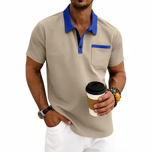 Close-up of men's waffle knit polo shirt with blue contrast collar and pocket detail
