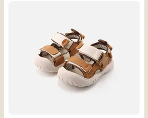 Toddler outdoor beach sandals with soft non-slip sole in brown and beige shades.