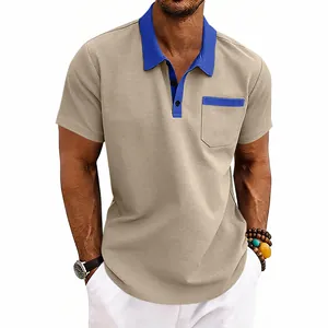 Close-up of men's khaki waffle knit polo shirt with blue contrast collar and chest pocket